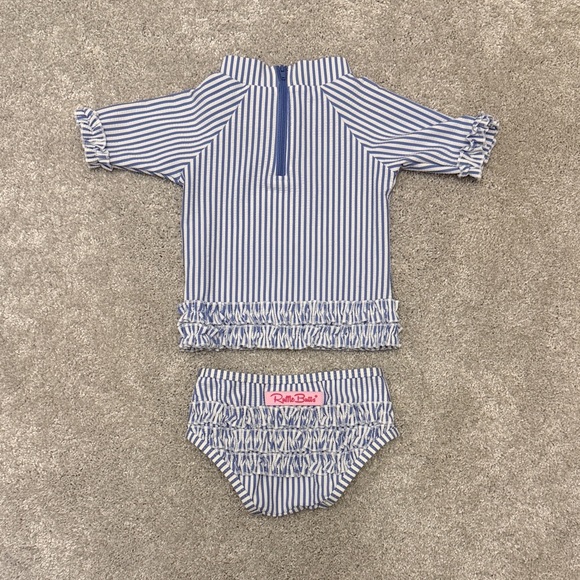 Ruffle Butts Blue and White Striped Rashguard Set - Picture 2 of 4